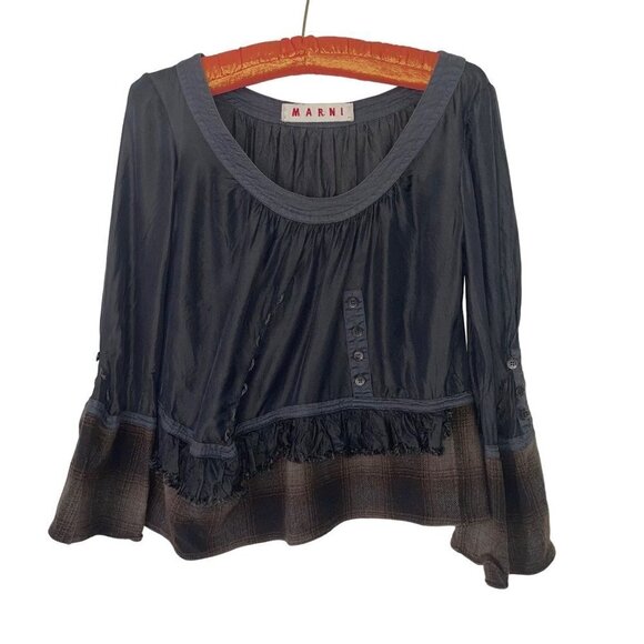 Marni Womens Top Size Small Cropped Bell Sleeve Flannel Ruffle Black Brown Plaid - Picture 14 of 15